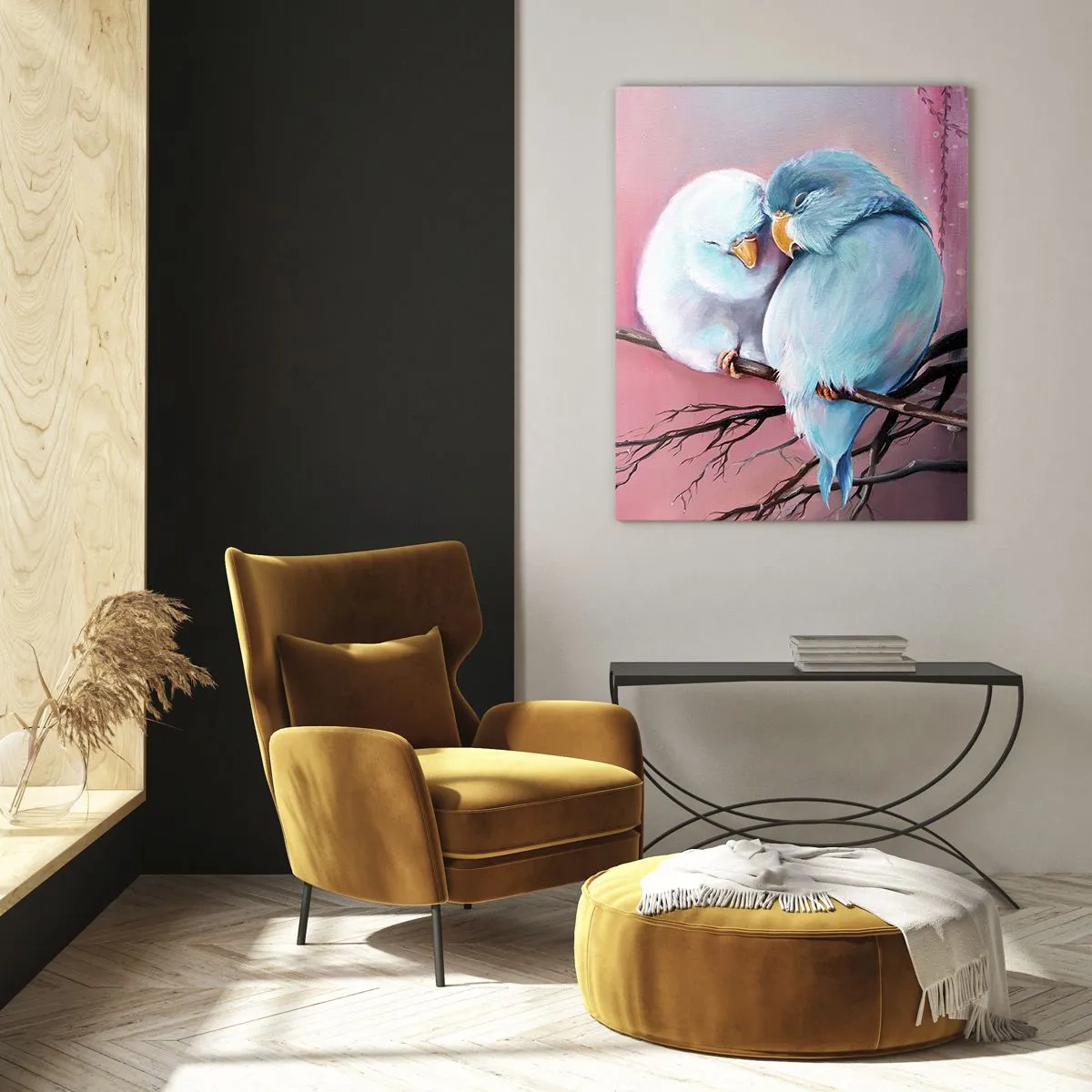 Quadro su vetro - Due inseparabili seduti su un ramo su uno sfondo rosa - 50x70cm - Che cosa aggiungere? - Decorazione murale moderna per soggiorno e camera da letto ARTTOR