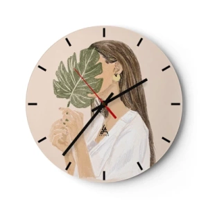 Orologio da parete - Orologio in Vetro - Una silhouette femminile nascosta da una foglia di monstera su uno sfondo chiaro. - 30x30cm - Misterioso ritratto con ventaglio - Decorazione murale moderna per soggiorno, cucina e camera da letto ARTTOR