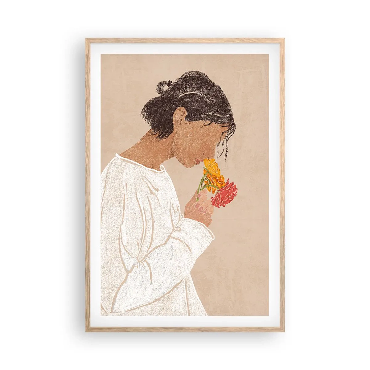 Poster in cornice rovere chiaro - Ragazza con i fiori - 61x91 cm