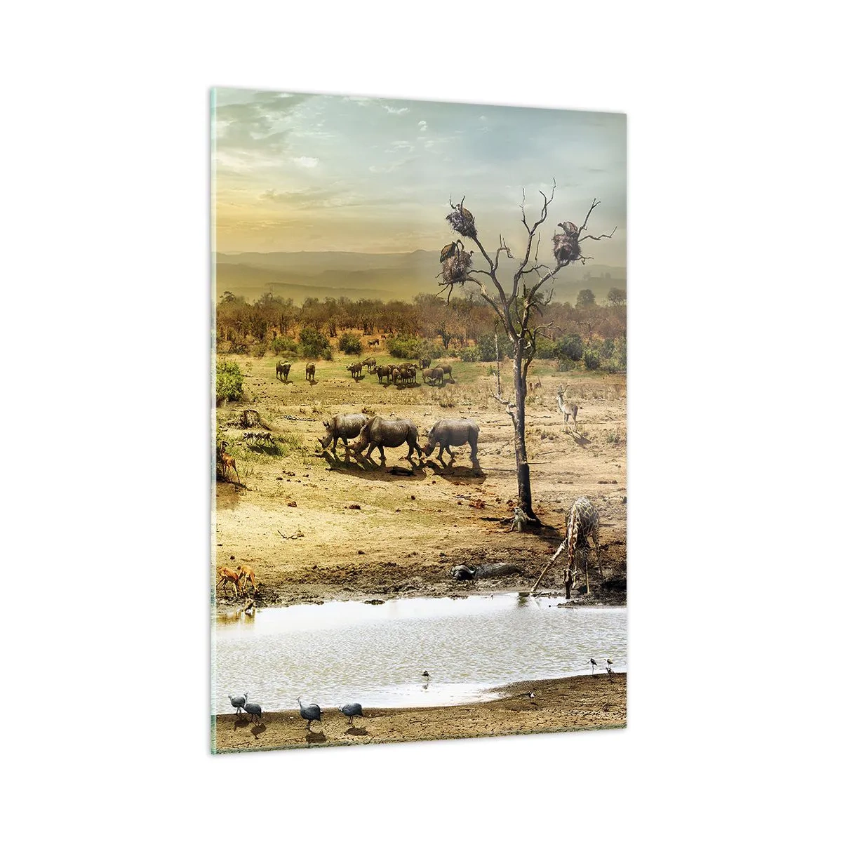 Quadro su vetro - Elefanti e animali in una pozza d'acqua sullo sfondo di un paesaggio africano - 50x70cm - "Un fiume usciva da Eden…" - Decorazione murale moderna per soggiorno e camera da letto ARTTOR