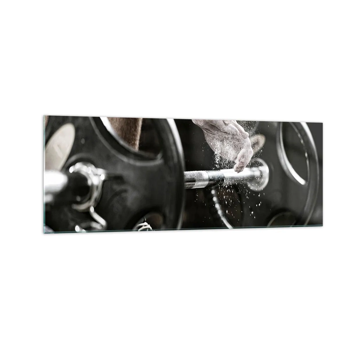 Quadro su vetro - Manubri e mani di un atleta che si preparano per l'allenamento - 140x50cm - Sfida accettata! - Decorazione murale moderna per soggiorno e camera da letto ARTTOR