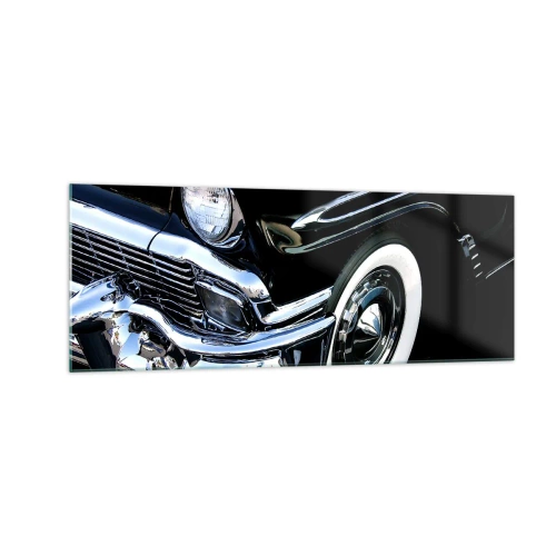 Quadro su vetro - Primo piano del faro e del parafango di un'auto classica nera - 140x50cm - Classicità in argento, nero e bianco - Decorazione murale moderna per soggiorno e camera da letto ARTTOR