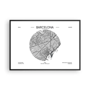 Poster in cornice nera - Una mappa di Barcellona in stile minimalista in bianco e nero - 100x70cm - Anatomia di Barcellona - Decorazione murale moderna per soggiorno e camera da letto ARTTOR