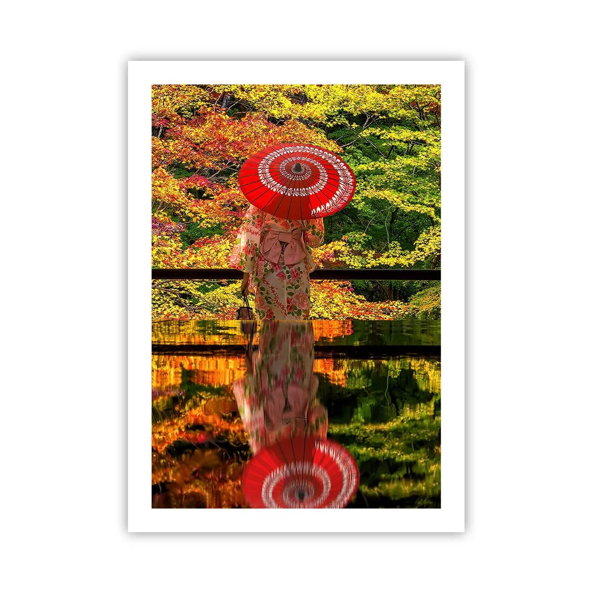 Poster - Una donna in kimono con un ombrello rosso su uno sfondo di foglie autunnali. - 50x70cm - Nel tempio della natura - Decorazione murale moderna per soggiorno e camera da letto ARTTOR