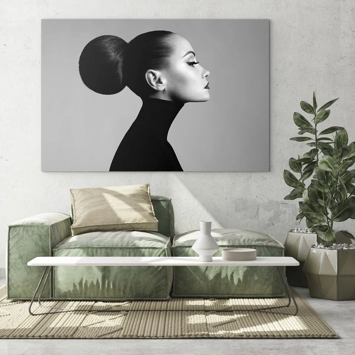 Quadro su vetro - Donna elegante in nero su sfondo grigio - 120x80cm - La Nefertiti di oggi - Decorazione murale moderna per soggiorno e camera da letto ARTTOR
