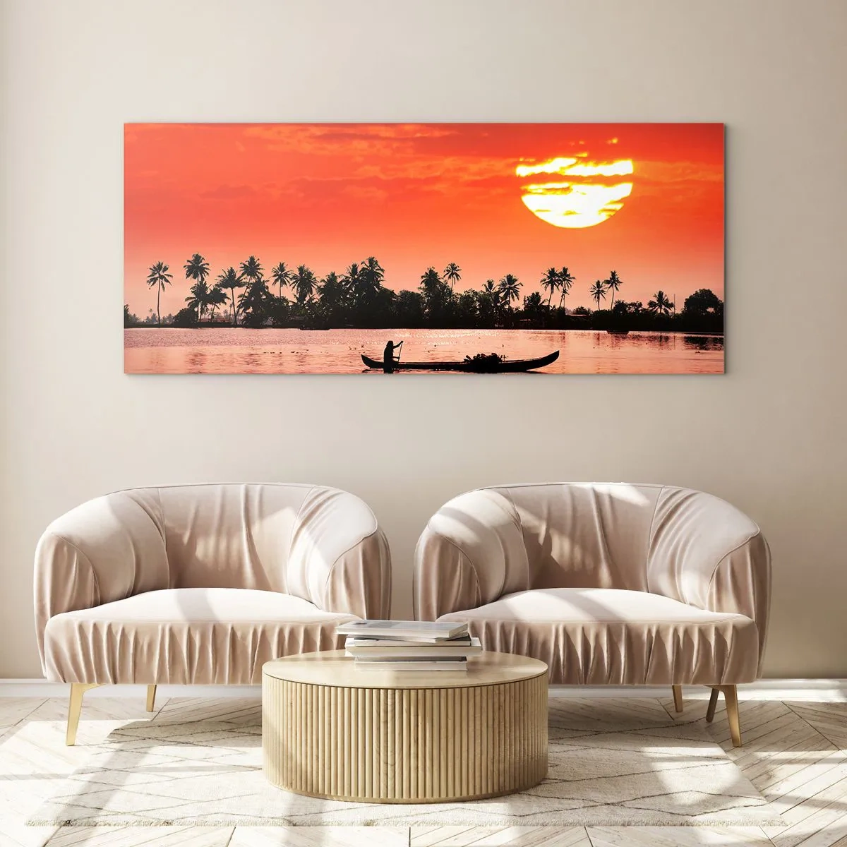 Quadro su vetro - Tramonto tropicale con una barca e palme sullo sfondo - 120x50cm - La calma dei tropici al tramonto - Decorazione murale moderna per soggiorno e camera da letto ARTTOR