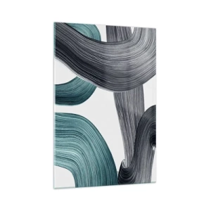 Quadro su vetro - Linee astratte fluide nelle tonalità del verde e del grigio - 70x100cm - Tracce smeraldo e nero - Decorazione murale moderna per soggiorno e camera da letto ARTTOR
