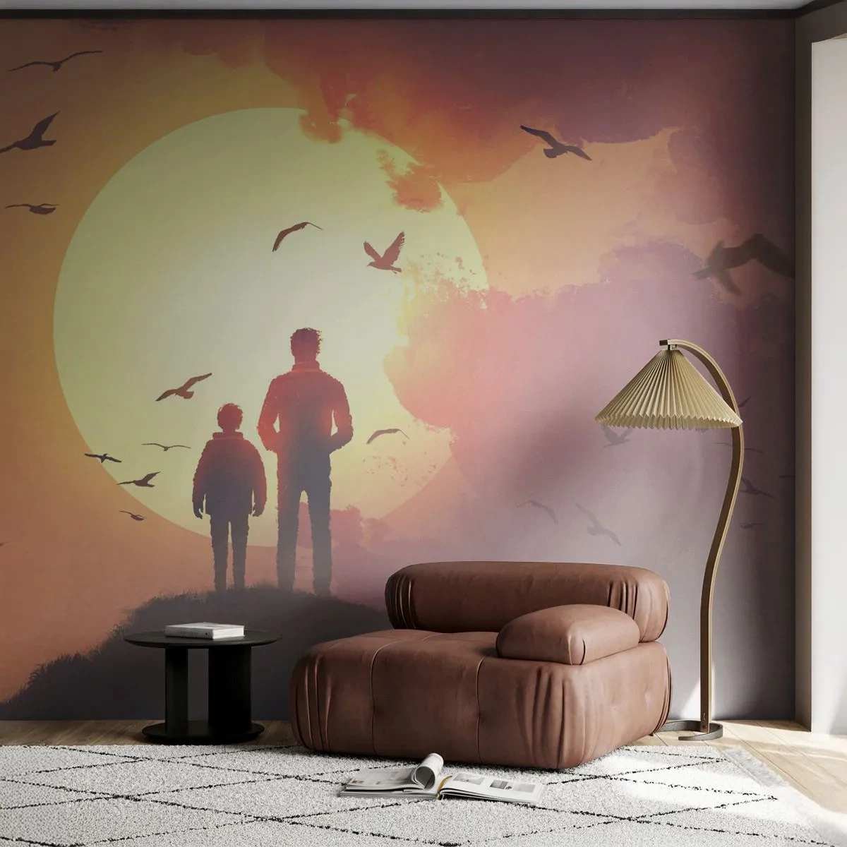 Fotomurali Premium Sand - Sagome di due persone sullo sfondo di un tramonto e di uccelli - 100x70cm - Faccia a faccia con il sole - Decorazione murale moderna per soggiorno e camera da letto ARTTOR