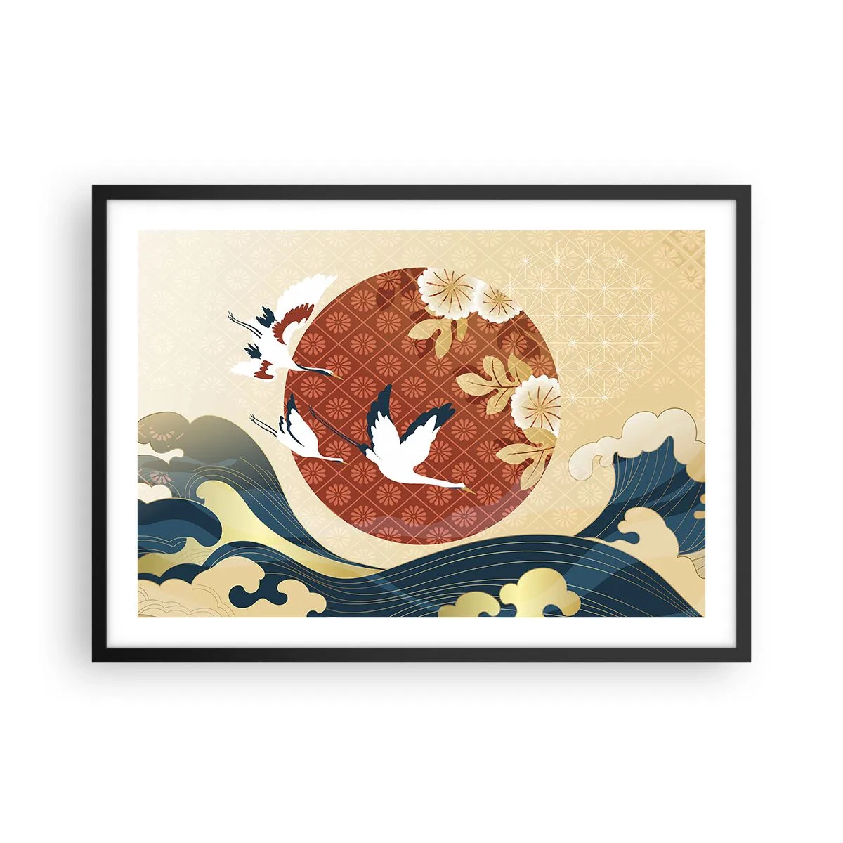 Poster in cornice nera - Composizione giapponese con gru e onde - 70x50cm - Favola giapponese - Decorazione murale moderna per soggiorno e camera da letto ARTTOR