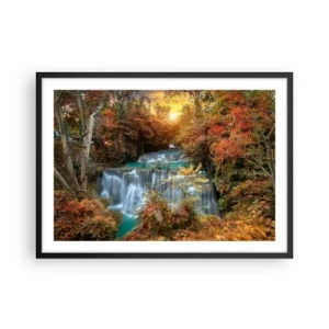 Poster in cornice nera - Cascata autunnale circondata da alberi colorati alla luce del sole - 70x50cm - Il tesoro nascosto nel bosco - Decorazione murale moderna per soggiorno e camera da letto ARTTOR