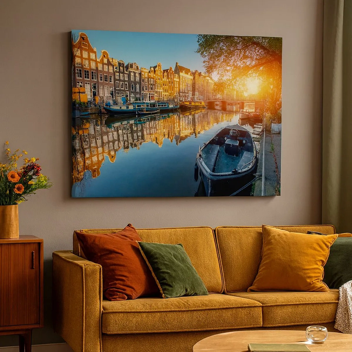 Quadro su tela - Stampe su Tela - Canale di Amsterdam al tramonto - 70x50cm - L'alba ad Amsterdam - Decorazione murale moderna per soggiorno e camera da letto ARTTOR