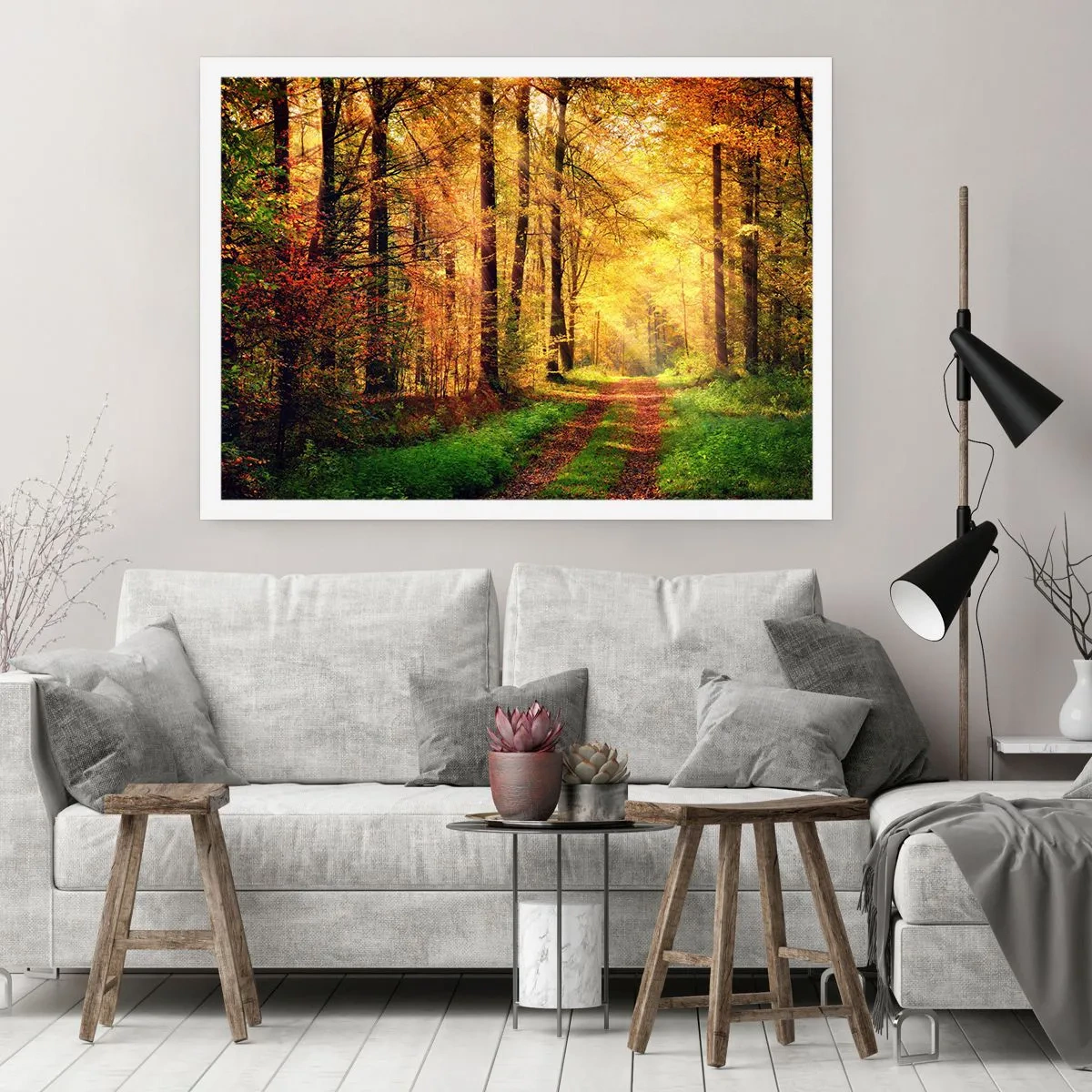 Poster - Un sentiero nel bosco circondato da alberi dorati e verdi - 100x70cm - Il silenzio d'oro del bosco - Decorazione murale moderna per soggiorno e camera da letto ARTTOR