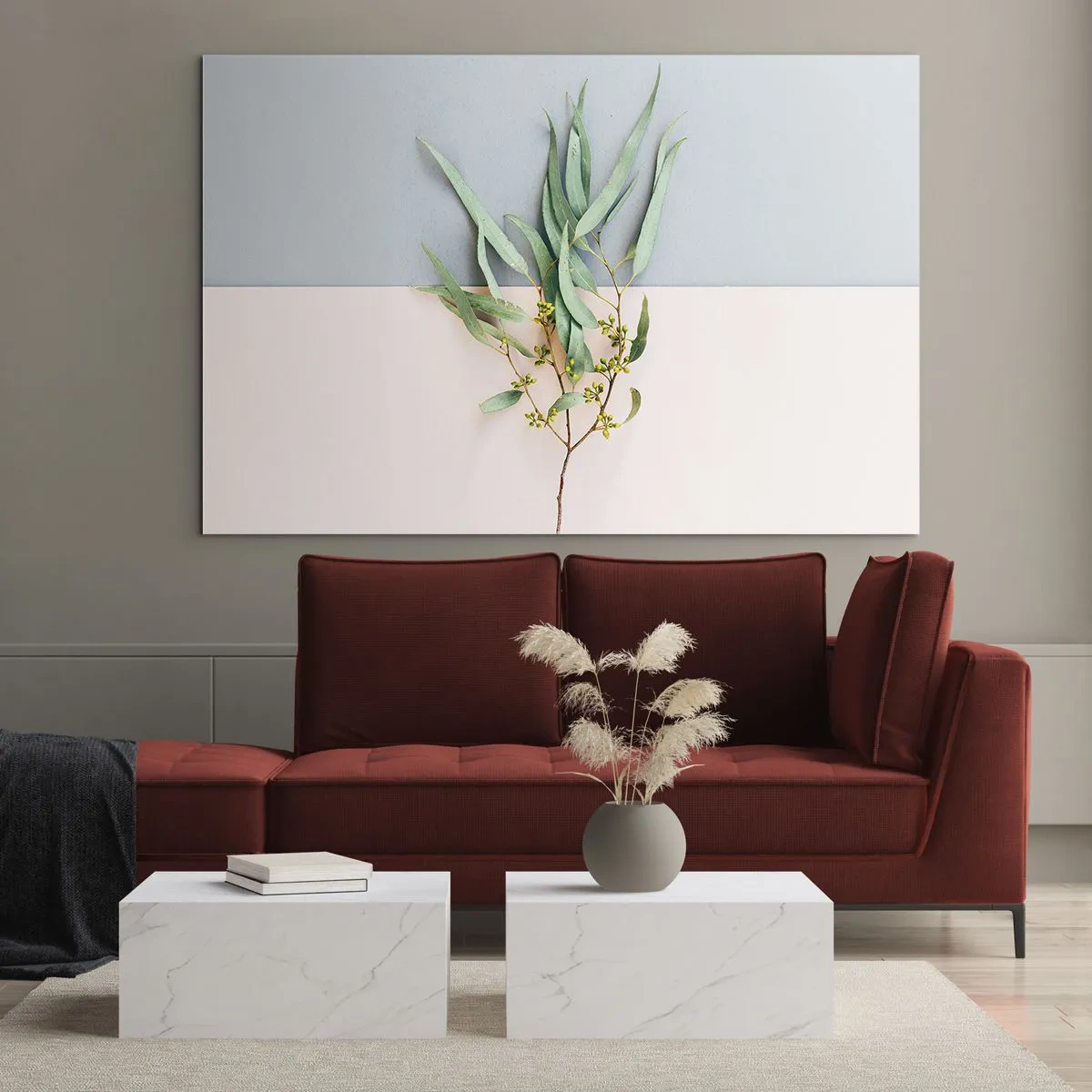 Quadro su vetro - Un rametto di eucalipto su uno sfondo pastello - 100x70cm - Delicatezza pastello - Decorazione murale moderna per soggiorno e camera da letto ARTTOR