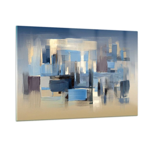 Quadro su vetro - Pennellate geometriche nei toni del blu e del beige - 120x80cm - Struttura blu - Decorazione murale moderna per soggiorno e camera da letto ARTTOR