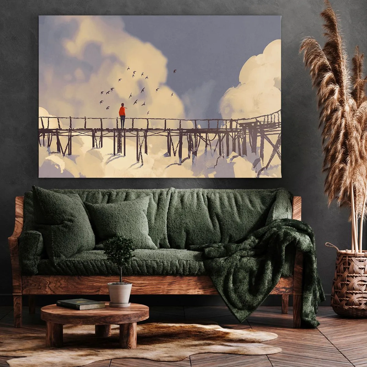 Quadro su tela - Stampe su Tela - Una figura su un ponte tra le nuvole con uccelli nel cielo - 70x50cm - Nostalgia del cielo - Decorazione murale moderna per soggiorno e camera da letto ARTTOR