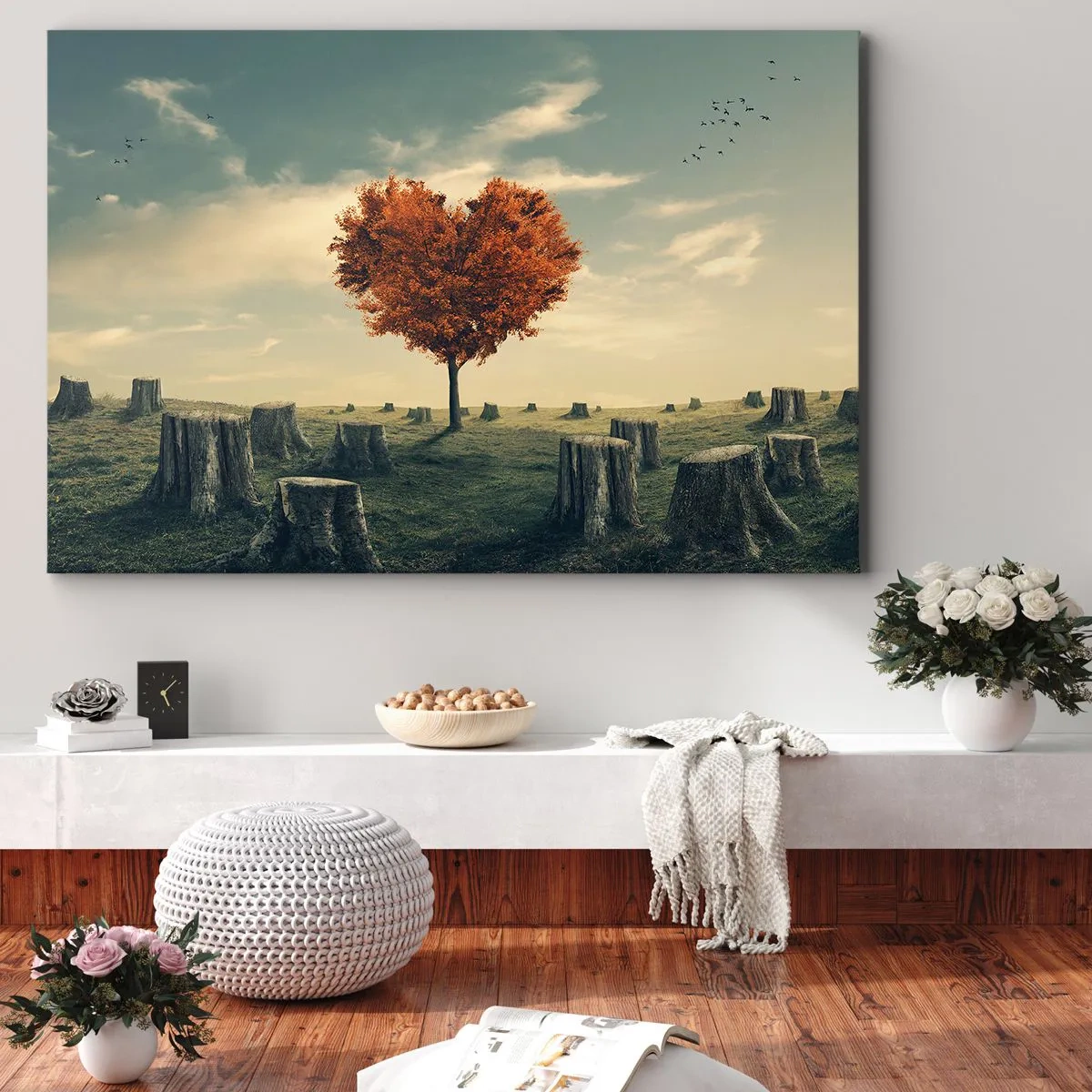 Quadro su tela - Stampe su Tela - Un albero a forma di cuore in un campo di ceppi, simbolo di speranza - 100x70cm - C'è sempre speranza - Decorazione murale moderna per soggiorno e camera da letto ARTTOR