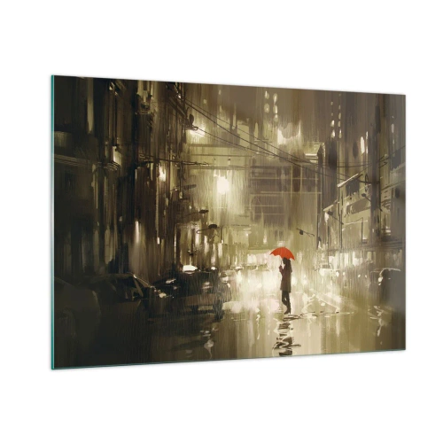 Quadro su vetro - Persona con ombrello rosso nella luce piovosa della città di notte - 100x70cm - Sola ma non solitaria - Decorazione murale moderna per soggiorno e camera da letto ARTTOR