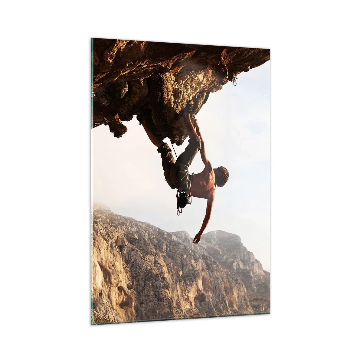 Quadro su vetro - Scalare una roccia verticale in un paesaggio montano - 50x70cm - Il mondo ristretto in una mano sul bordo del masso - Decorazione murale moderna per soggiorno e camera da letto ARTTOR