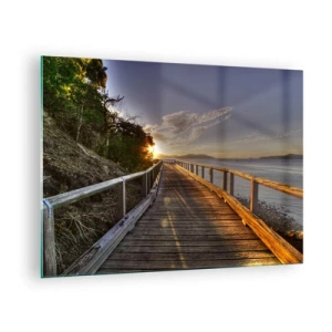 Quadro su vetro - Passerella in legno al tramonto - 70x50cm - Incamminarsi sempre verso il sole - Decorazione murale moderna per soggiorno e camera da letto ARTTOR