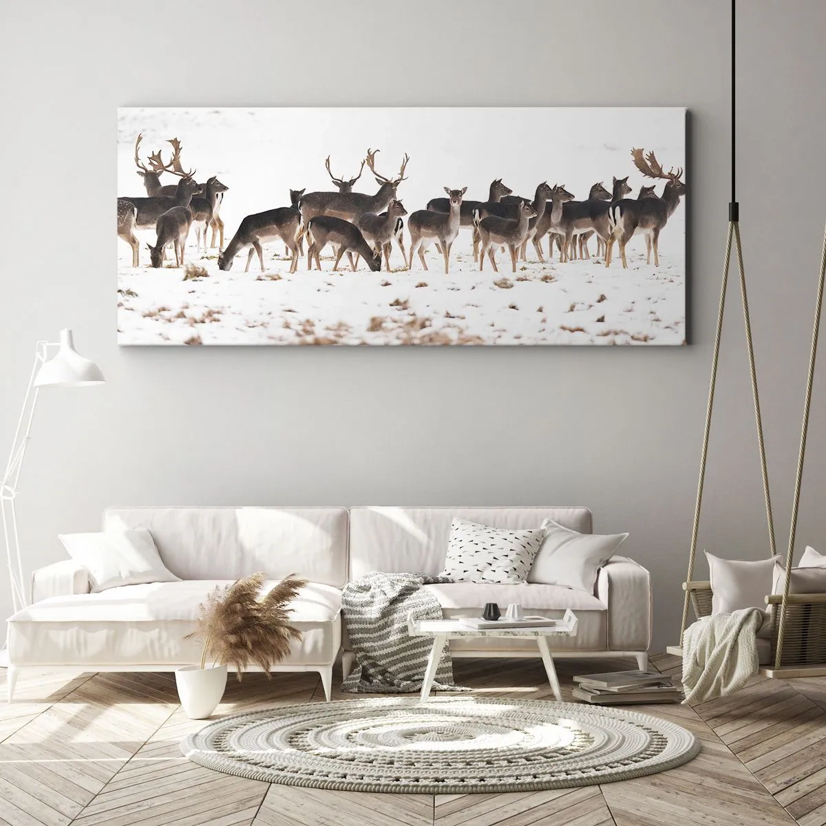 Quadro su tela - Stampe su Tela - Un branco di cervi su uno sfondo innevato - 160x50cm - Tra poco è Natale? - Decorazione murale moderna per soggiorno e camera da letto ARTTOR