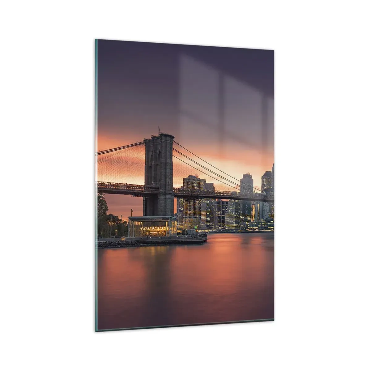 Quadro su vetro - Panorama notturno della città con un ponte e un cielo illuminato - 80x120cm - Immersa nel silenzio lilla - Decorazione murale moderna per soggiorno e camera da letto ARTTOR