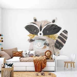 Fotomurali Standard Eco - Adorabile procione con una tazza da caffè in stile acquerello - 100x70cm - Il mio amico procione - Decorazione murale moderna per soggiorno e camera da letto ARTTOR