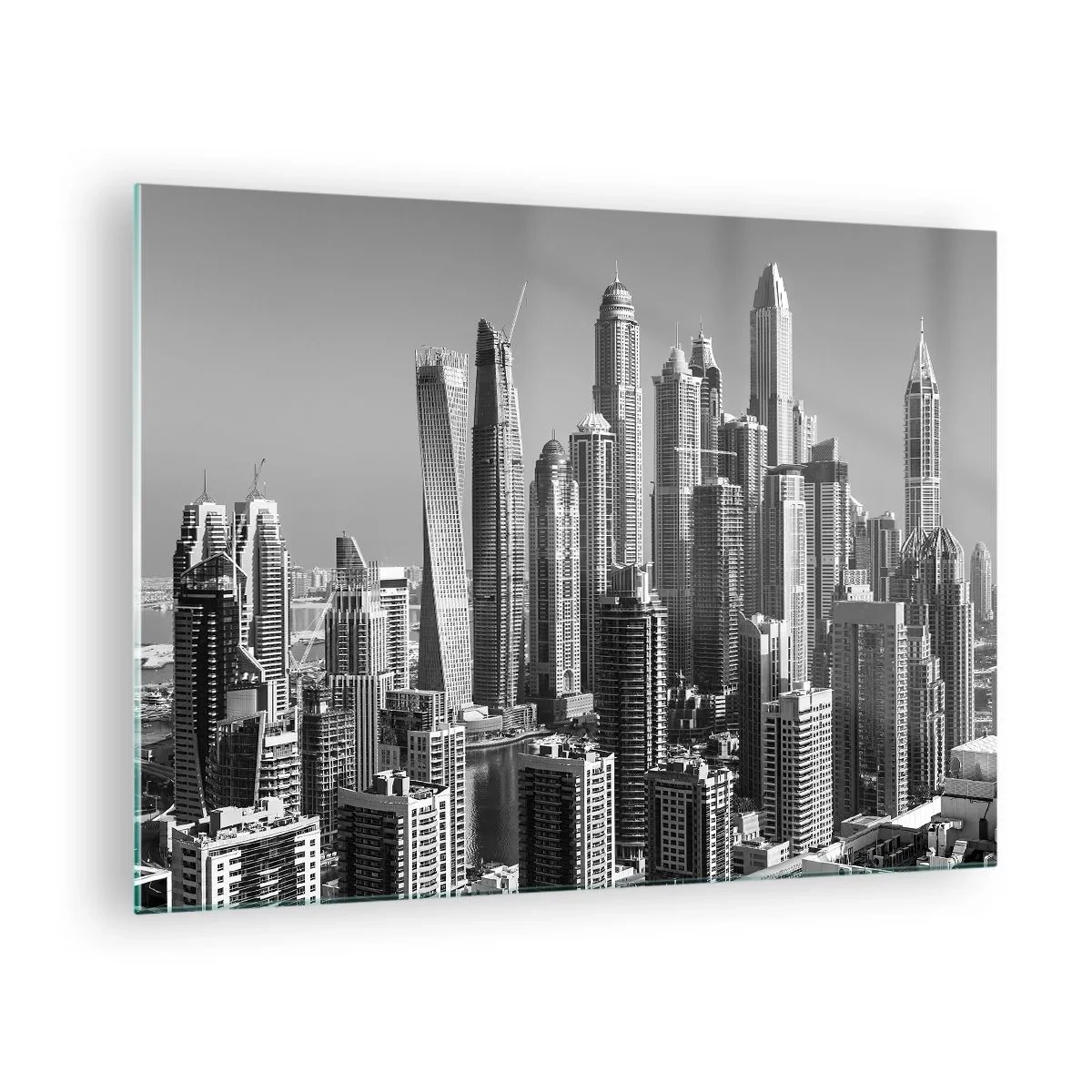 Quadro su vetro - Panorama in bianco e nero dei grattacieli della città - 70x50cm - La città sul deserto - Decorazione murale moderna per soggiorno e camera da letto ARTTOR