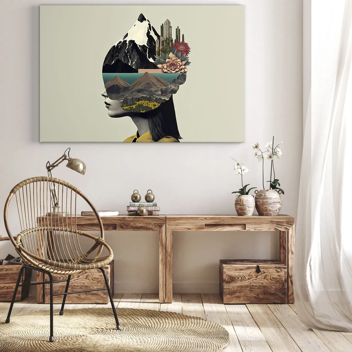 Quadro su tela - Stampe su Tela - Collage di una donna con un paesaggio montano e fiori - 70x50cm - La donna è sempre un mistero - Decorazione murale moderna per soggiorno e camera da letto ARTTOR