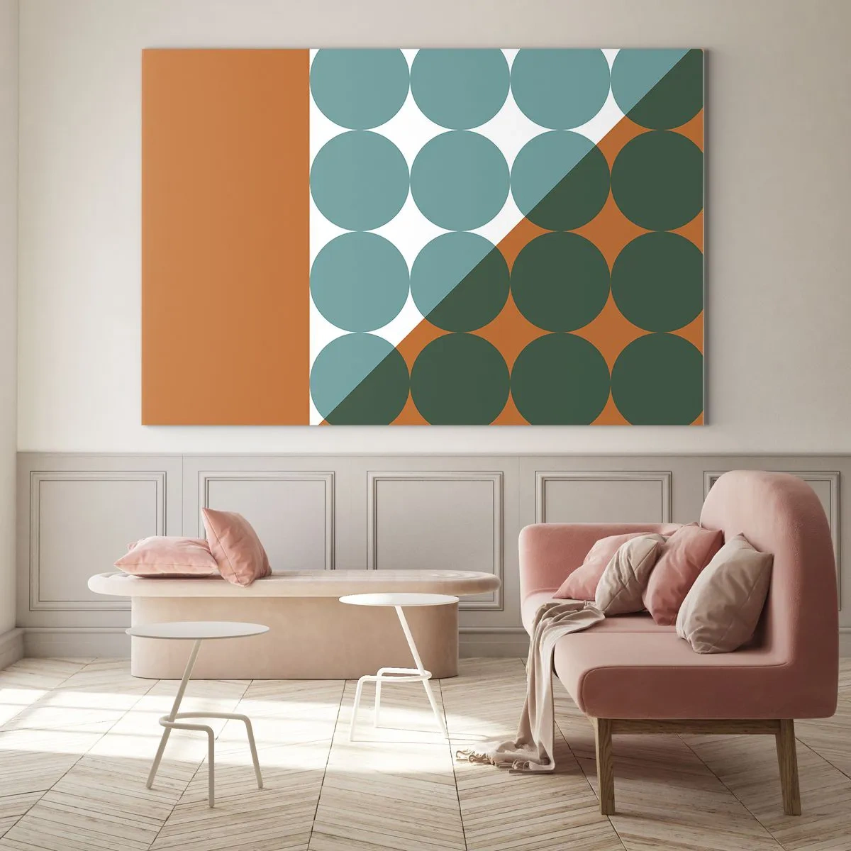 Quadro su vetro - Composizione geometrica astratta con cerchi e un triangolo - 70x50cm - In alto obliquo - Decorazione murale moderna per soggiorno e camera da letto ARTTOR