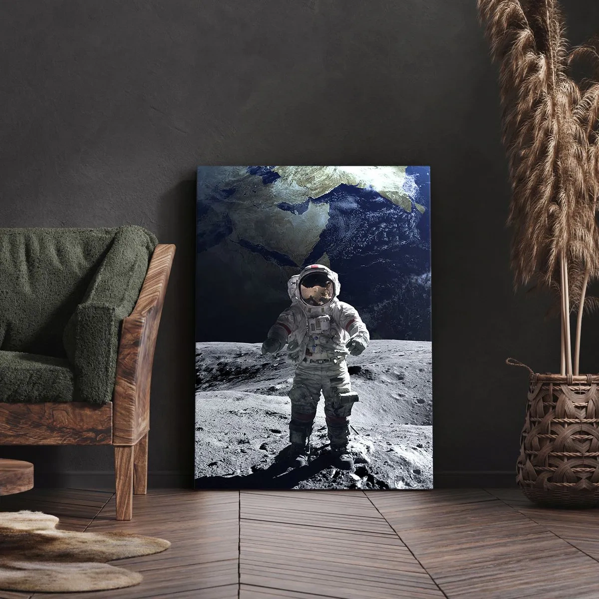 Quadro su tela - Stampe su Tela - Astronauta sulla superficie della Luna con la Terra sullo sfondo - 50x70cm - Saluti dalla luna - Decorazione murale moderna per soggiorno e camera da letto ARTTOR