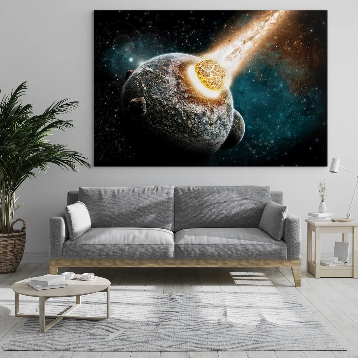 Quadro su vetro - Un pianeta in collisione con un meteorite - 70x50cm - Estinzione o nascita? - Decorazione murale moderna per soggiorno e camera da letto ARTTOR