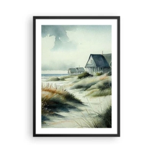 Poster in cornice nera - Casa sulla spiaggia con vista mare dipinta ad acquerello - 50x70cm - Lontano dal caos - Decorazione murale moderna per soggiorno e camera da letto ARTTOR