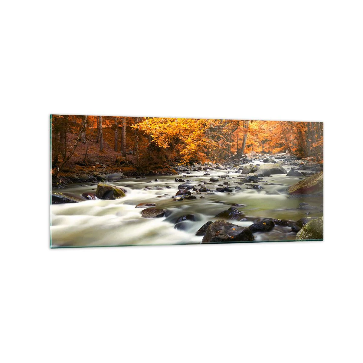 Quadro su vetro - Un ruscello in una foresta autunnale circondato da foglie dorate - 120x50cm - Ruscello nel bosco dorato - Decorazione murale moderna per soggiorno e camera da letto ARTTOR