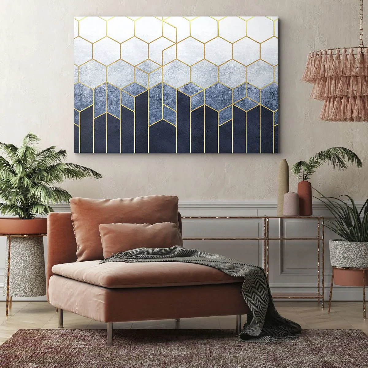 Quadro su tela - Stampe su Tela - Motivo geometrico nei toni dell'oro e del blu navy - 100x70cm - Composizione a ritmo sincopato - Decorazione murale moderna per soggiorno e camera da letto ARTTOR