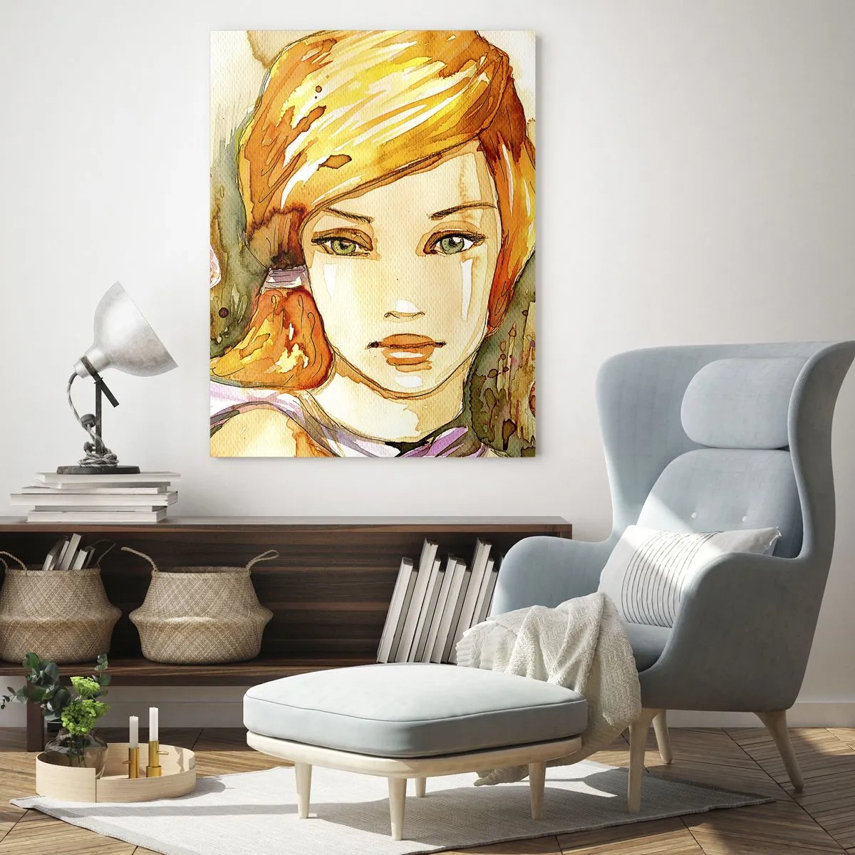 Quadro su vetro - Ritratto di una donna in stile acquerello con astrazione - 50x70cm - Sguardo di smeraldo, che calma l'ira - Decorazione murale moderna per soggiorno e camera da letto ARTTOR