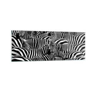 Quadro su vetro - Un gruppo di zebre con strisce bianche e nere che creano un motivo di simmetria. - 140x50cm - Ritratto collettivo a strisce - Decorazione murale moderna per soggiorno e camera da letto ARTTOR