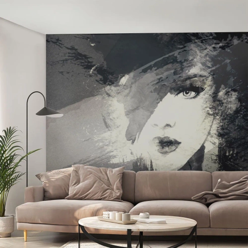 Fotomurali Premium Sand - Dietro un velo grigio - Volto di donna, Bianco e nero, Occhi - 300x210 cm