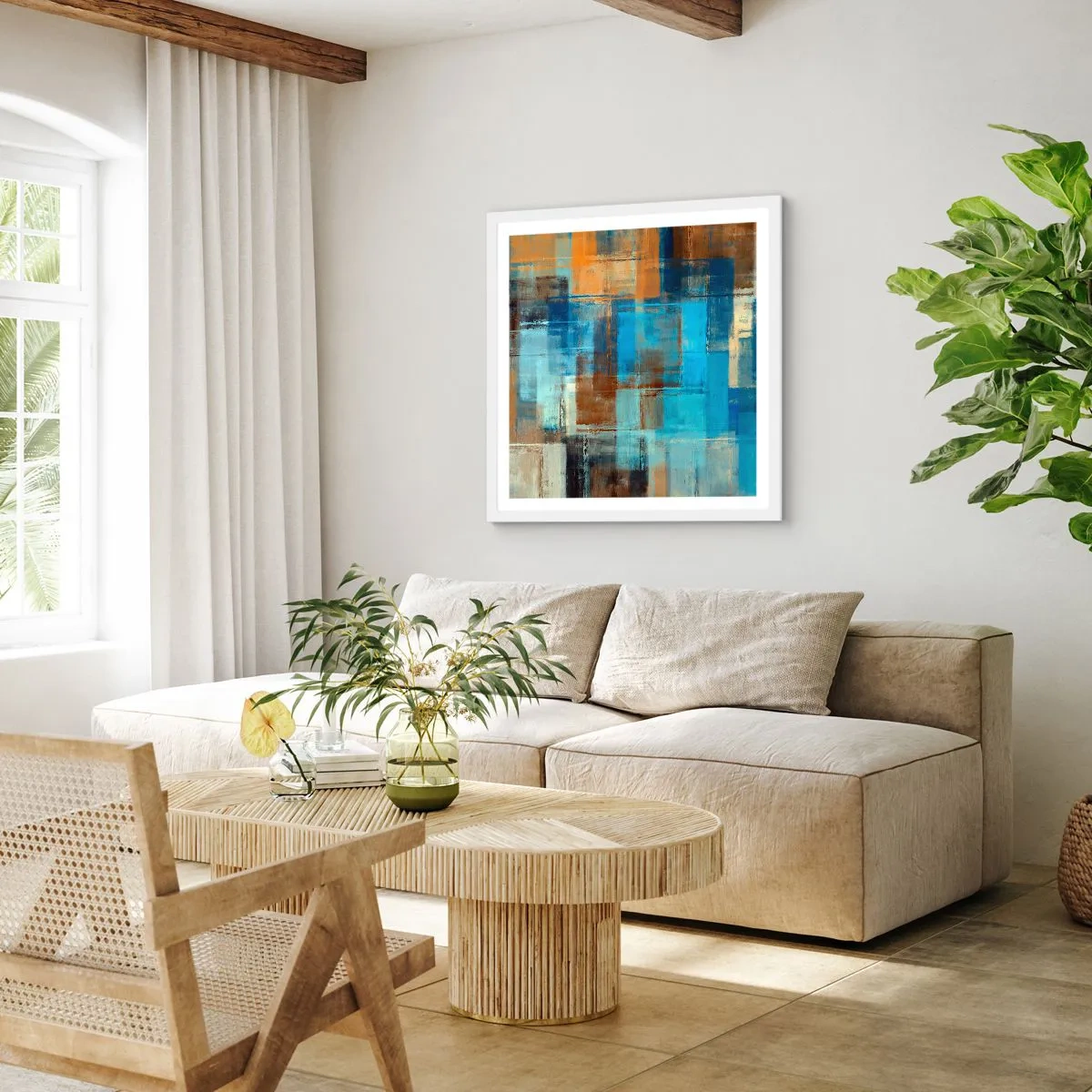 Poster in cornice bianca - Attraverso la tenda blu - 30x30 cm
