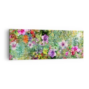 Quadro su tela - Stampe su Tela - Una composizione floreale colorata su uno sfondo verde - 140x50cm - Perdersi nei fiori - Decorazione murale moderna per soggiorno e camera da letto ARTTOR