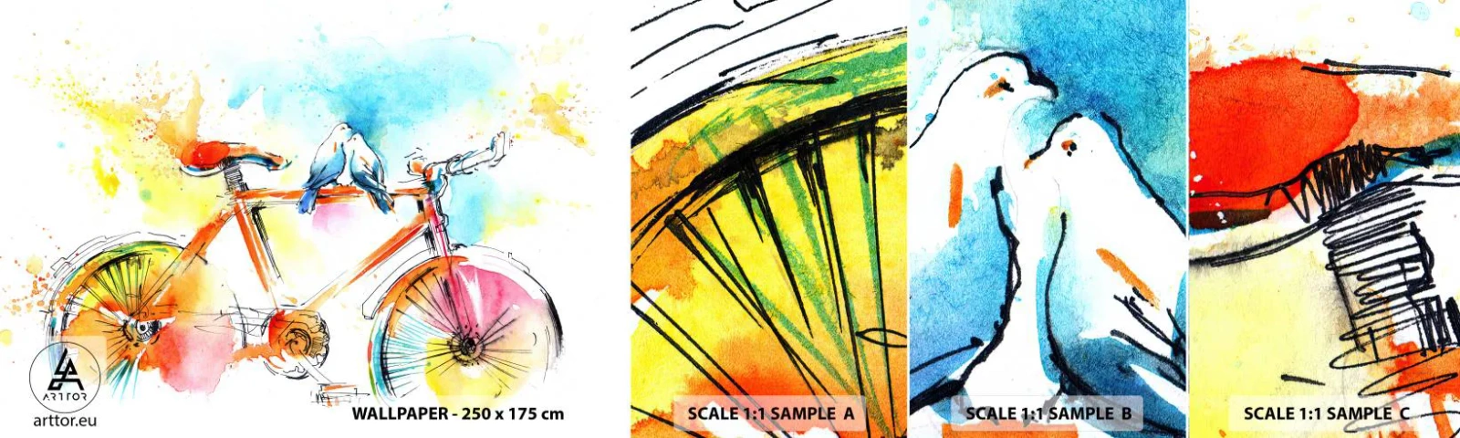 Campione Di Fotomurale Standard Eco - In due in bicicletta - Astrazione, Bicicletta, Uccelli - 100x30 cm