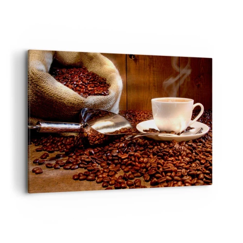 Quadro su tela - Stampe su Tela - Una tazza di caffè con chicchi di caffè e un sacco di cereali sullo sfondo - 120x80cm - Senti questo odore? - Decorazione murale moderna per soggiorno e camera da letto ARTTOR