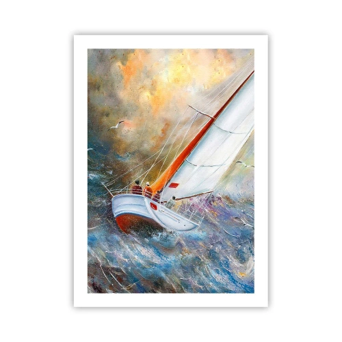 Poster - Uno yacht che naviga su un mare in tempesta in un paesaggio pittoresco - 50x70cm - Correndo sulle onde - Decorazione murale moderna per soggiorno e camera da letto ARTTOR