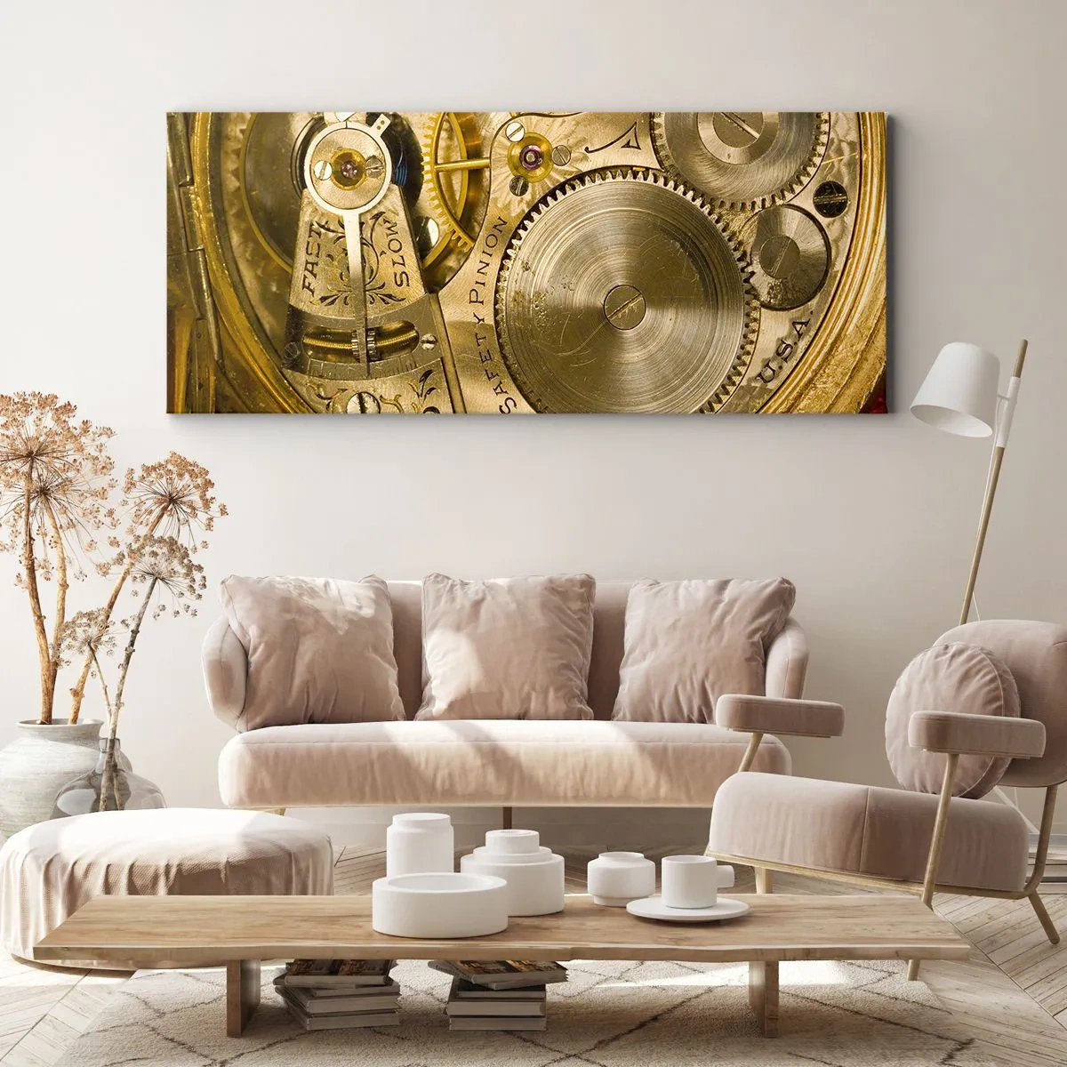 Quadro su tela - Stampe su Tela - Meccanismo dell'orologio con ingranaggi e dettagli visibili - 140x50cm - Stare al passo coi tempi - Decorazione murale moderna per soggiorno e camera da letto ARTTOR