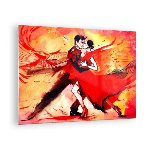 Quadro su vetro - Una coppia che balla in una composizione dinamica rossa - 70x50cm - Il ritmo porpora della passione - Decorazione murale moderna per soggiorno e camera da letto ARTTOR