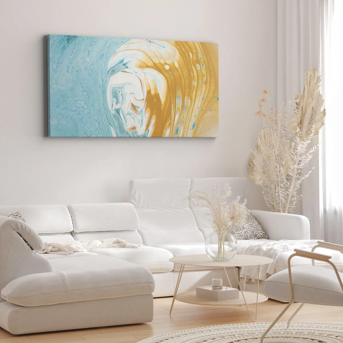 Quadro su tela - Stampe su Tela - Onde astratte nei toni del blu e dell'oro su tela - 120x50cm - Vortice pastello - Decorazione murale moderna per soggiorno e camera da letto ARTTOR