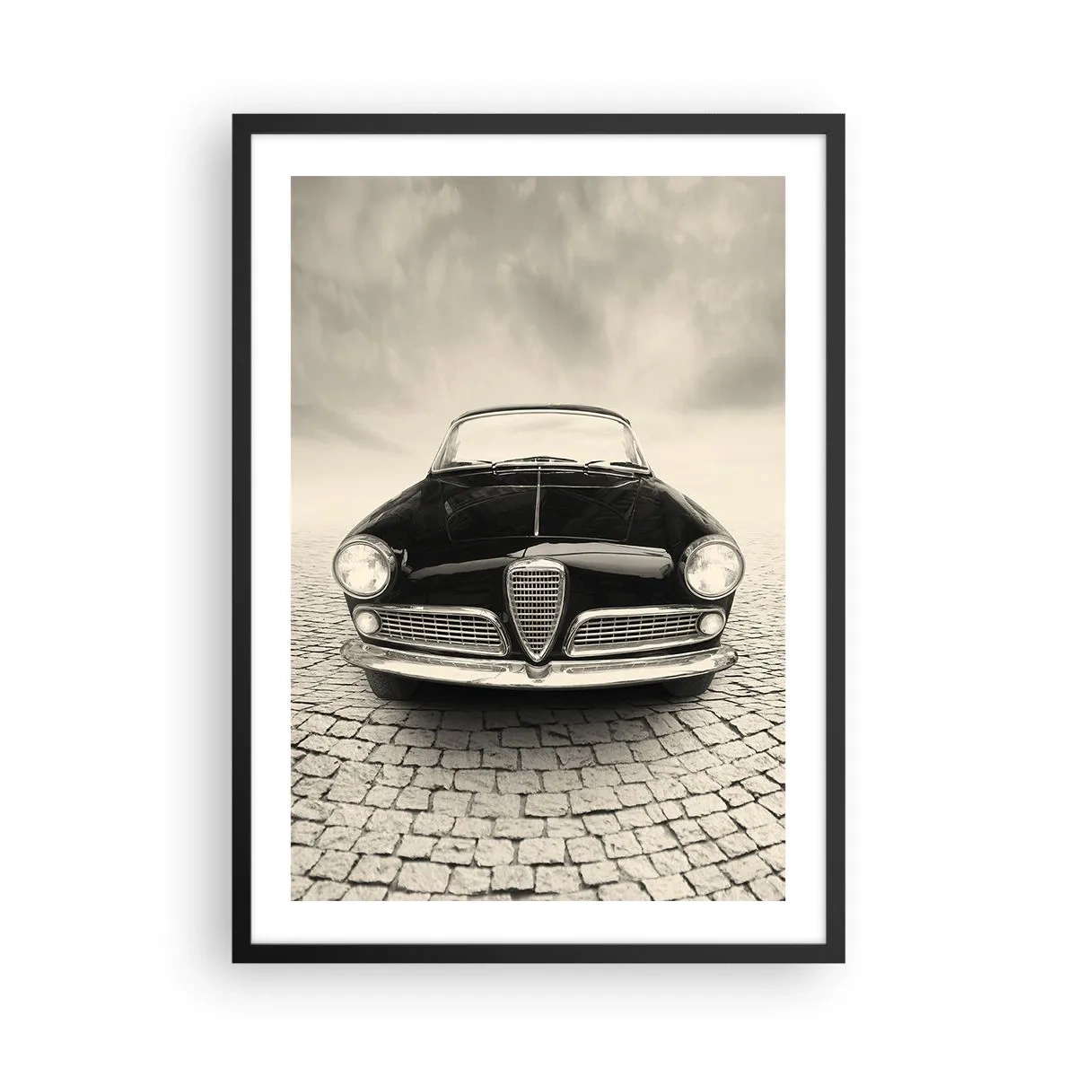 Poster in cornice nera - La parte anteriore di un'auto d'epoca su una strada acciottolata - 50x70cm - Come non amarmi? - Decorazione murale moderna per soggiorno e camera da letto ARTTOR