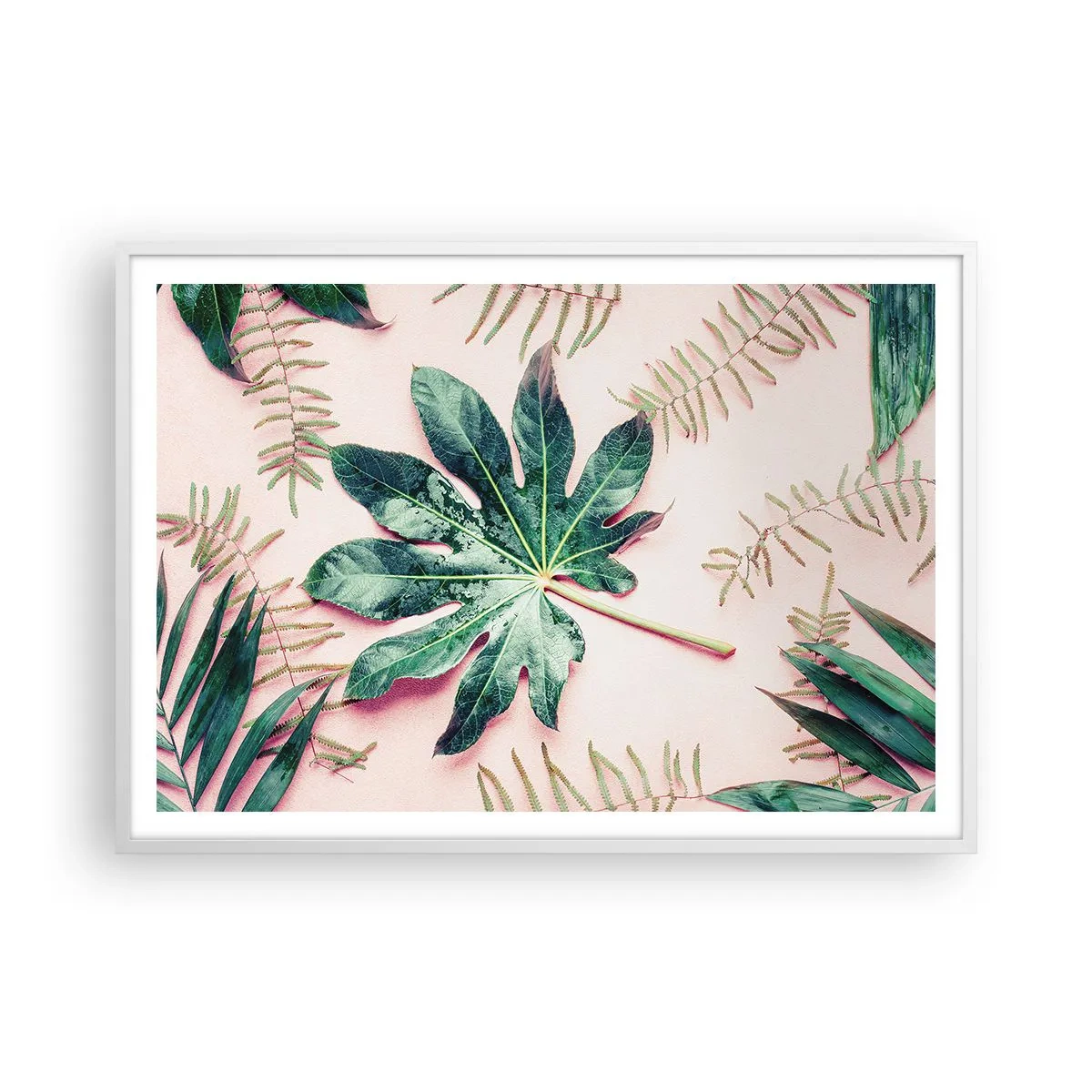 Poster in cornice bianca - Studio di verde su sfondo rosa - 100x70 cm