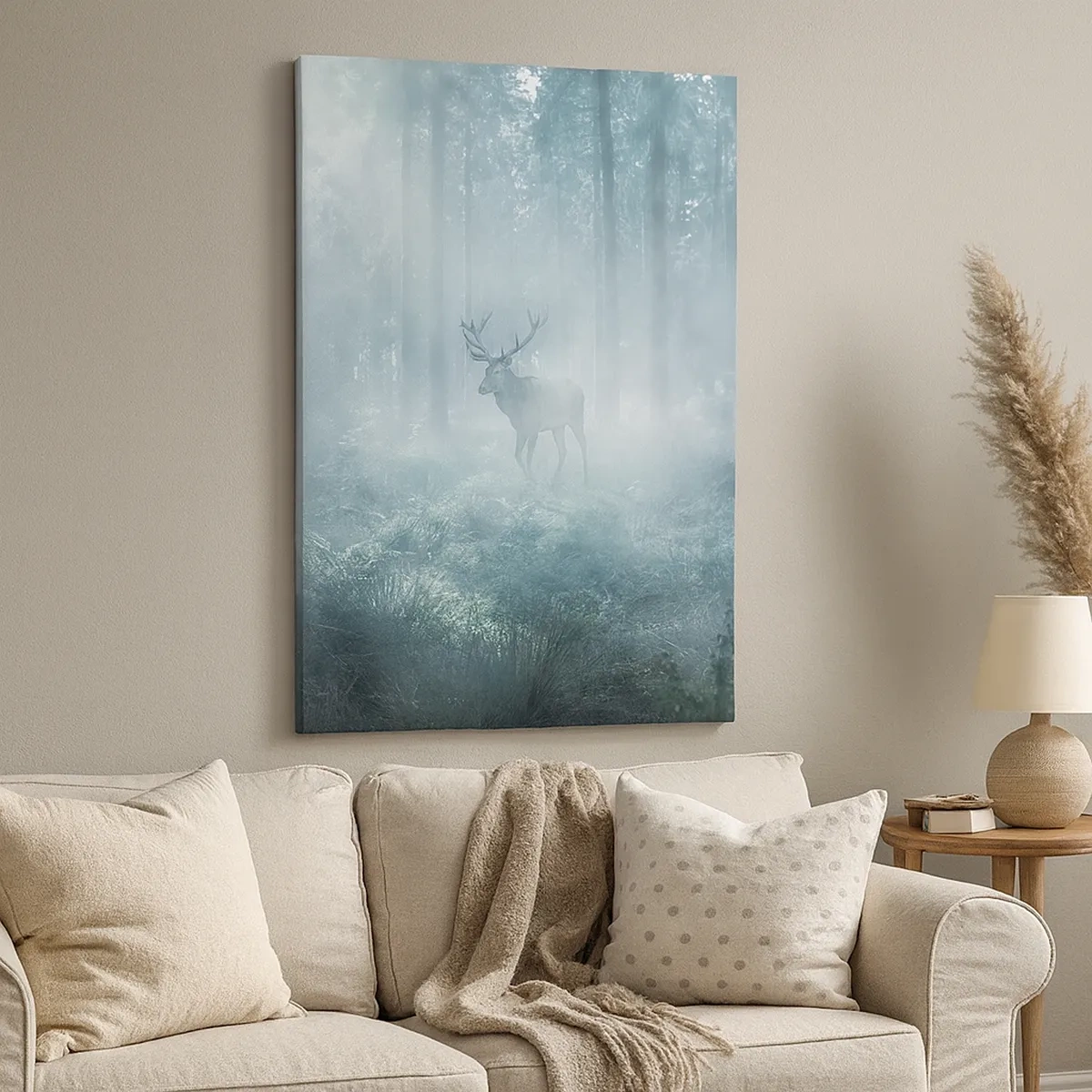 Quadro su tela - Stampe su Tela - Un cervo in una fitta foresta avvolto nella nebbia mattutina - 50x70cm - Passeggiata mattutina sulle sue terre - Decorazione murale moderna per soggiorno e camera da letto ARTTOR