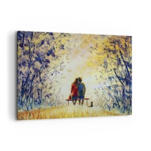 Quadro su tela - Stampe su Tela - Una coppia seduta su una panchina tra gli alberi autunnali alla luce del sole - 100x70cm - Attimo magico - Decorazione murale moderna per soggiorno e camera da letto ARTTOR