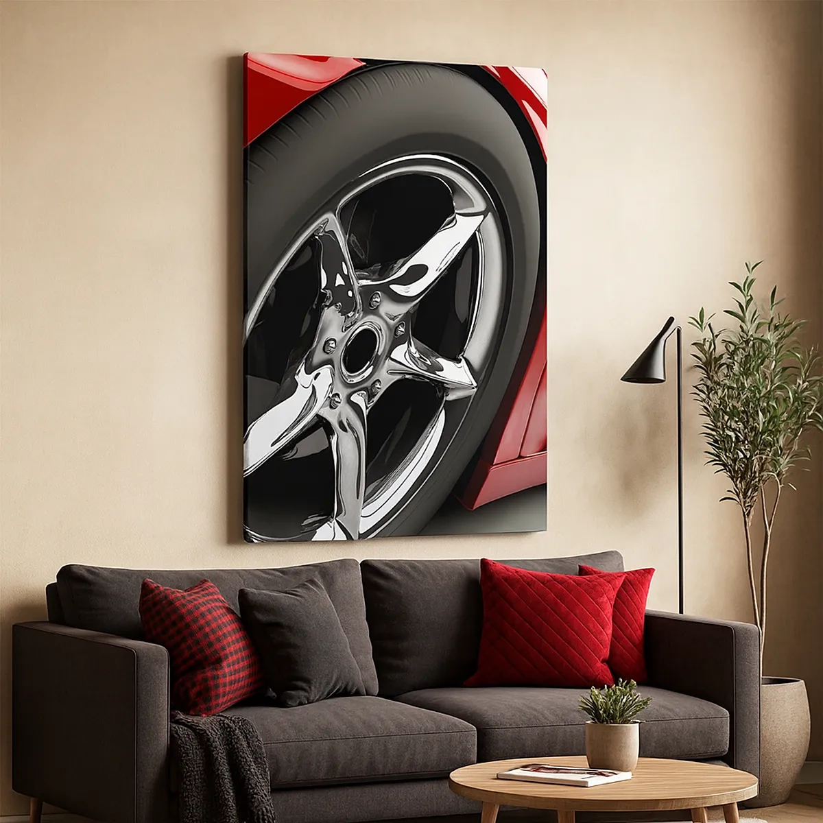 Quadro su tela - Stampe su Tela - Auto sportiva rossa con cerchi cromati - 50x70cm - Fatta per la velocità - Decorazione murale moderna per soggiorno e camera da letto ARTTOR